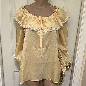 VTG 70s Regina Porter PorterHouse Pale Yellow Ruffled Peasant Blouse Lace Trim